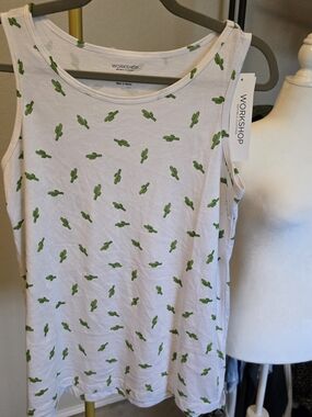 Workshop White Tank Top with Green Cactus Print